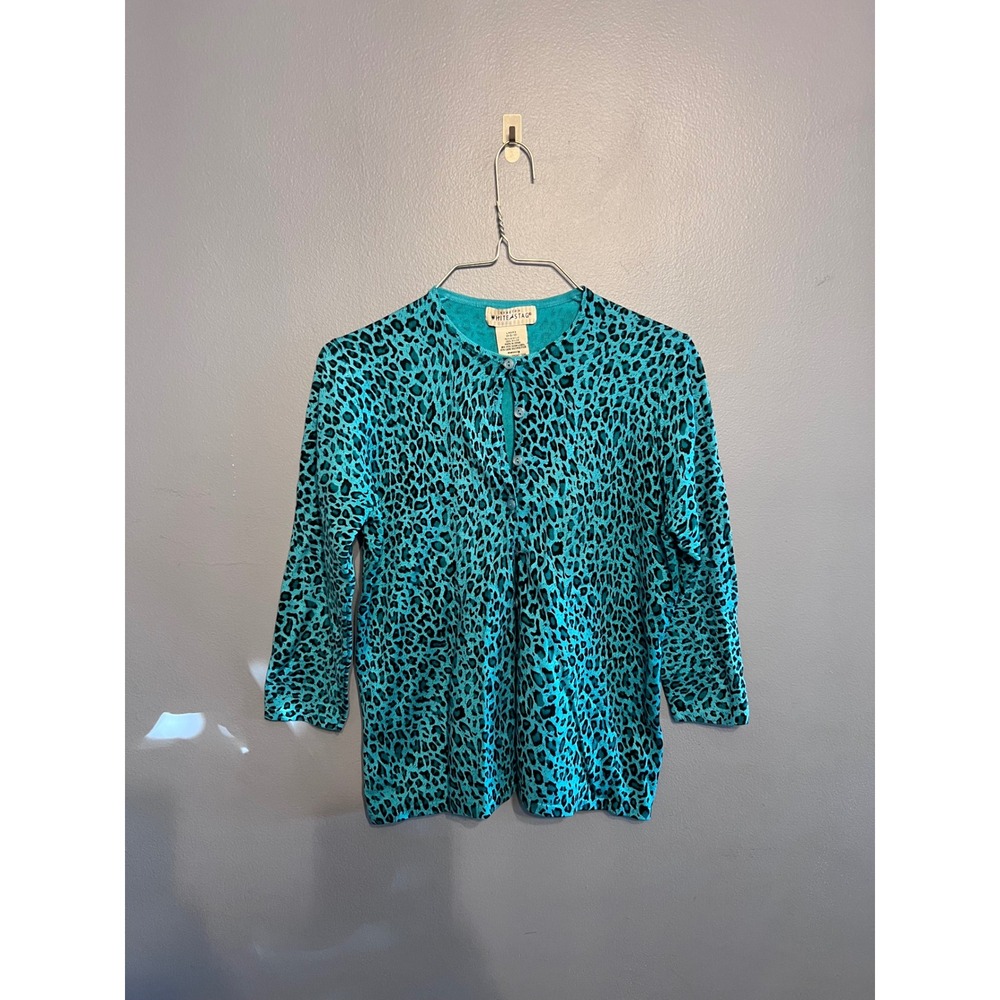 White Stag Vibrant Teal Leopard Print Cardigan 3/4 Sleeve SZ M(8/10) Women's Y2K